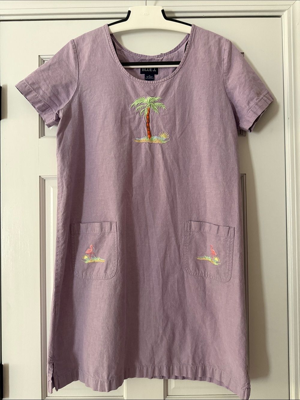 Blue J. Lilac Shift Midi Dress Embroidered Palm Pockets Scoop Neck M 100% Cotton